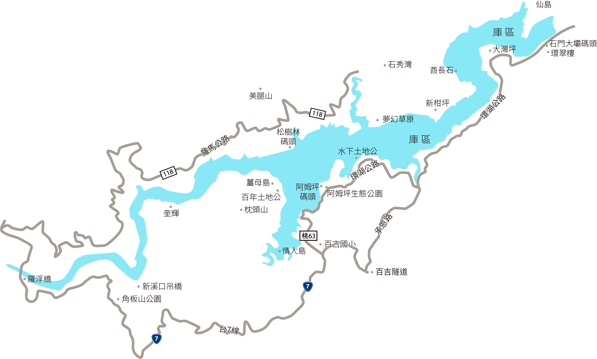 從石門大壩區碼頭上溯至阿姆坪一帶，提供8大景點作為遊湖行程推薦，如圖上方說明。
