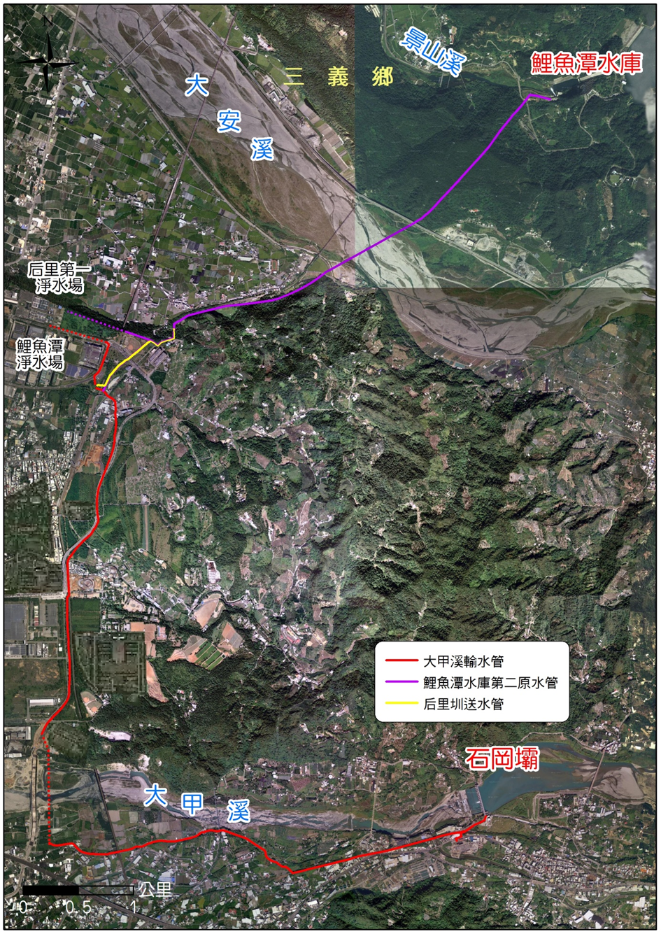 自石岡壩取水口，沿大甲溪左岸輸水管至后一淨水場，另一條鯉魚潭水庫備援出水工，隧道穿越枕頭山，再以水管橋跨越大安溪銜接至后一及鯉魚潭淨水場。